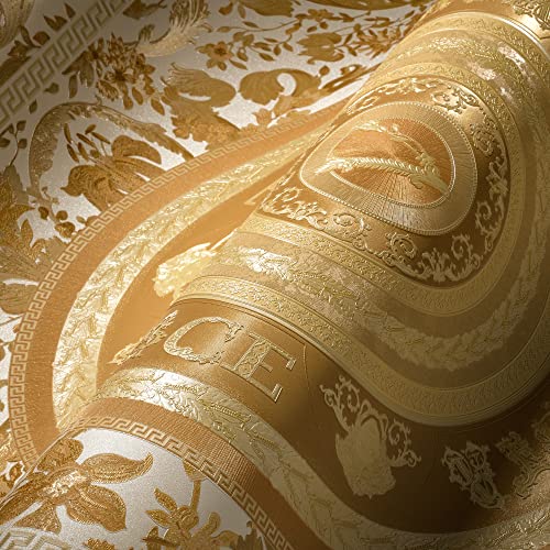 Versace Wallpaper Floral 387054 Luxury Wallpaper Gold White Designer Tendril Circles 10.05 x 0.70 m Made in Germany