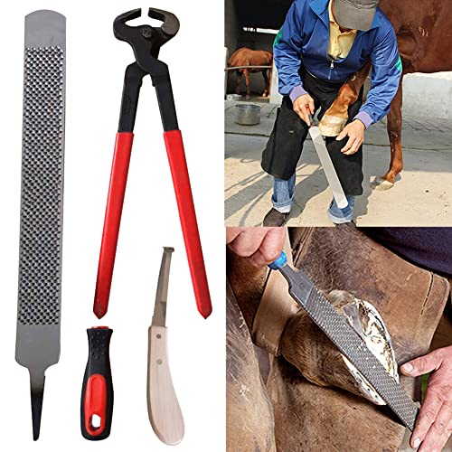 Foto von DSFSAEG Pferd Hufschmied Huftrimm Werkzeug Kit, 3Pcs Hufeisenzangen trimmen Hardware Feilenhefter Hufeisenwerkzeug Pferdepflegezubehör Rennsportzubehör