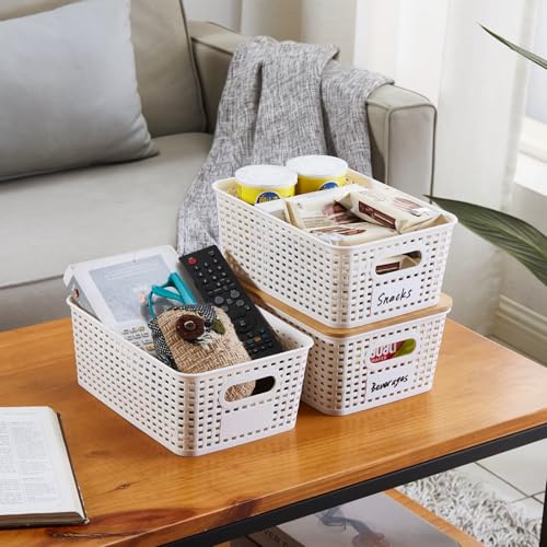 Mangata Set of 6 White Stackable Storage Baskets with Bamboo Lid, Small Decorative Plastic Boxes with Handle & Lable for Organizing, Ideal for Kitchen, Bathroom, Desktop & Shelves - Cosy Home Interiors Mangata Set of 6 White Stackable Storage Baskets with Bamboo Lid, Small Decorative Plastic Boxes with Handle & Lable for Organizing, Ideal for Kitchen, Bathroom, Desktop & Shelves - Image 4