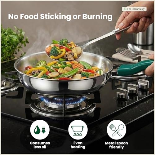 Image of The Indus Valley Stainless Steel Impact Bonded Bottom Cookware Set of 5 | Kadai 22cm with Glass Lid + Fry Pan 22cm + Saucepan 16cm with Glass Lid | Green Handles | Induction Compatible