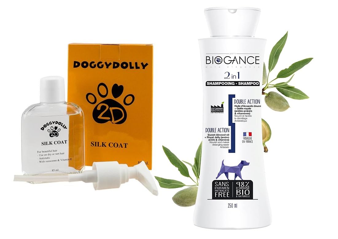 DoggydollyPS001 Silk Coat Dog Grooming and Biogance BGCS250 Dog Shampoo Set