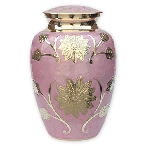 Pink Garden Brass Adult Cremation Urn | Unique Brass Funeral Urn with Gold & Pink Enamel Details | Large