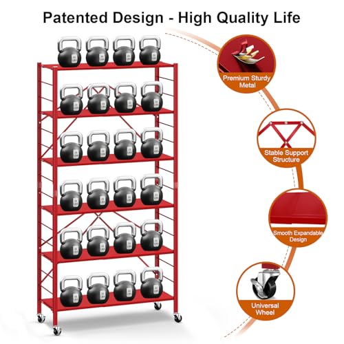 Image of Himix 6-Tier Expandable Storage Shelves Wheels Foldable Shelf Garage Red | Folding shelving units, Metal collapsible organization, Changeable into 2 shelf units, Adjustable, Basement, Holds 3600 Ibs