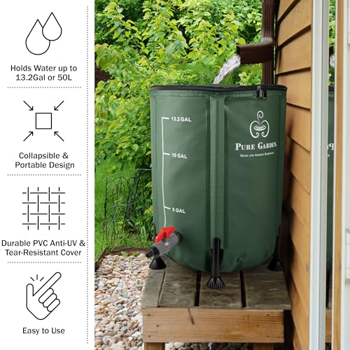 Pure Garden Rain Barrel - 13.2-Gallon/50-Liter Collapsible Water Container for Catching Rainwater - Portable Water Tank with Outflow Valve (Green)