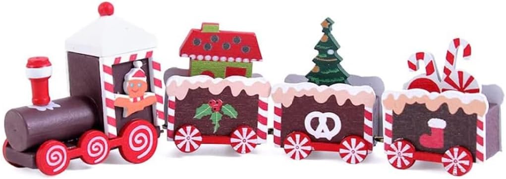 Christmas Train Decorations Gingerbread Man Train 3 Carriages Mini Wooden Kids Party Dark Red, Christmas Tree