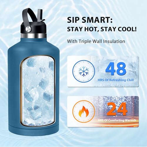 Image of One Gallon Insulated Water Bottle, Triple Wall Vacuum 128 oz Stainless Steel Water Bottles (Cold for 48 Hrs), Leak Proof, Non-BPA, Large Water Flask Jug with Straw Lid & Spout Lid