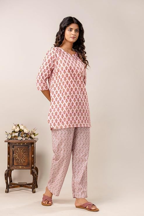 Image of Pure Cotton Printed Night Suit Set | Top Pyjama Set for Women | Night Dress of Kurta Pyjama Set for Women | Kurta Top Set