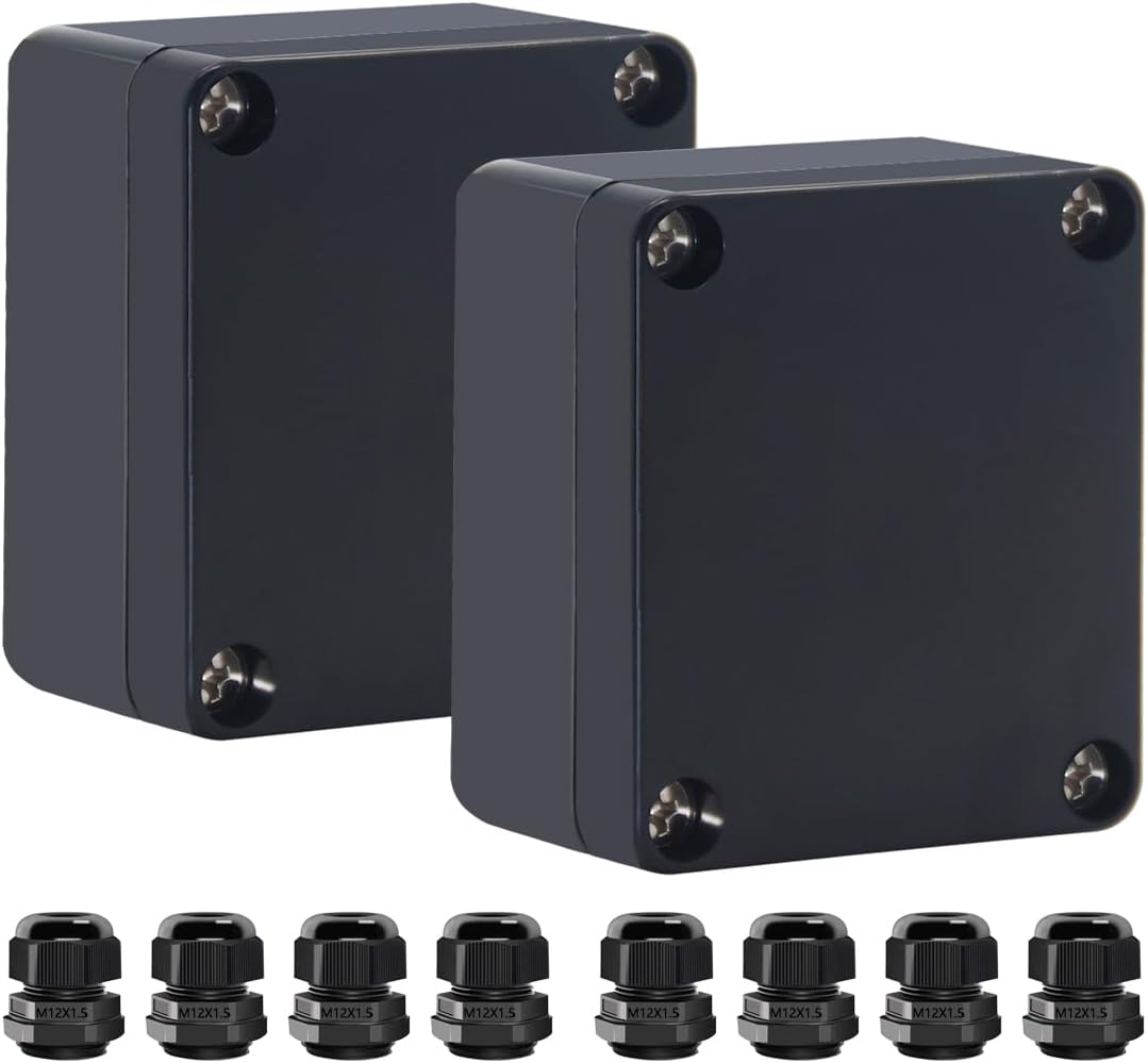 Junction Box IP65 Waterproof ABS Plastic Electrical Project Case Power Junction Boxes, Project Box with 4 PCS M12 Cable Glands 2.5 x 2.3 x 1.3 Inch ๏ผ63 x 58 x 33mm