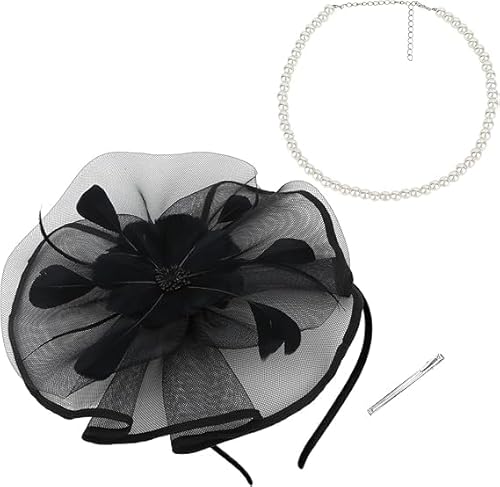 قبعات فاسيناتورز للنساء من تزويق، شريط راس شبكي مزين بالريش واللؤلؤ، مشبك شعر اسود، لحفلات الشاي وحفلات الزفاف، اكسسوارات انيقة للبنات والنساء