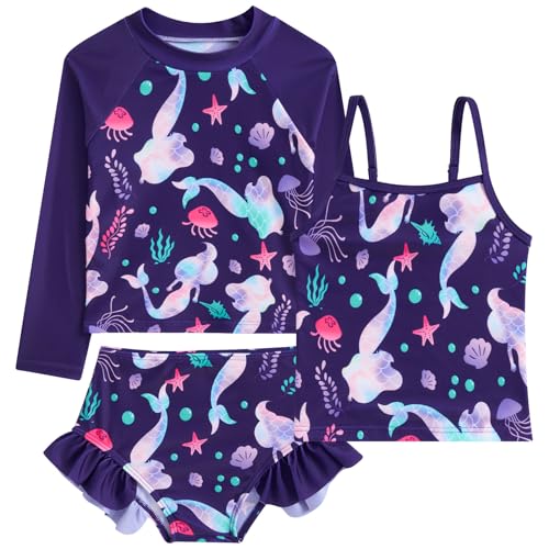 Image of Funnycokid Girls Swimsuit 3 Pieces Long Sleeve Rash Guard Set Tankini Bathing Suits Summer Kids Swimwear 3-10 Years