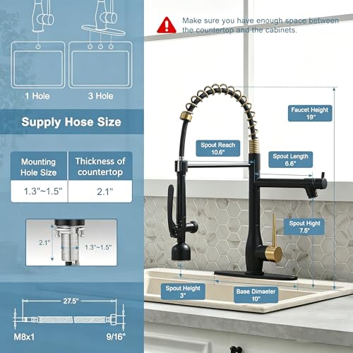Image of GIMILI Black and Gold Kitchen Faucet with LED Single Handle Kitchen Sink Faucet with Pull Down Sprayer Commercial Double-Headed Stainless Steel Kitchen Faucets Sink with Deck Plate