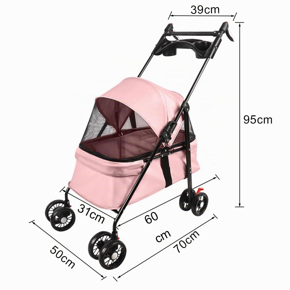 Homewell Passeggino per cani 2 in 1, con 2 portabevande, pieghevole, con freno di stazionamento, passeggino per animali domestici, 50 x 70 x 99 cm (rosa)