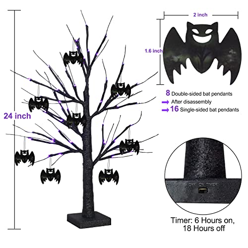2Ft Black Halloween Spooky Tree With 8 Bats - 48 Purple Led Lights Battery Operated Tabletop Artificial Black Birch Tree With Timer For Indoor, Bedroom, Kitchen, Living Room, Halloween Decoration #TOP2