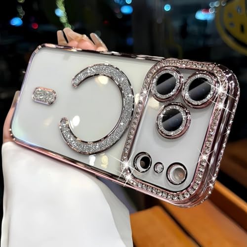 Image of for iPhone 17 Pro Max Magnetic Glitter Case,Luxury Bling Rhinestone Diamond Plated Bumper Case Sparkle Camera Lens Protection Clear Cover for iPhone 17 Pro Max (Pink)