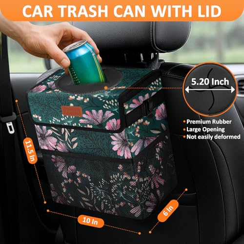 Image of Vankor 3 Gallons Car Trash Can with Lid, Car Trash Bag Bin Hanging Waterproof Automotive Garbage Cans Leak Proof Vehicle Trash Can Navy Floral
