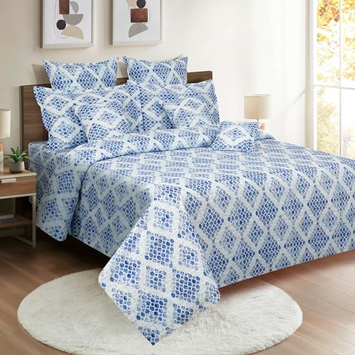 Image of Swayam Pure Cotton King Fitted Bedsheet with 2 Pillow Covers | 160 TC Soft Breathable Bed Sheet | Geometric Printed | Size 72 x 78 x 10 inch | Comfortable & Durable for Bedroom - Blue & Cream