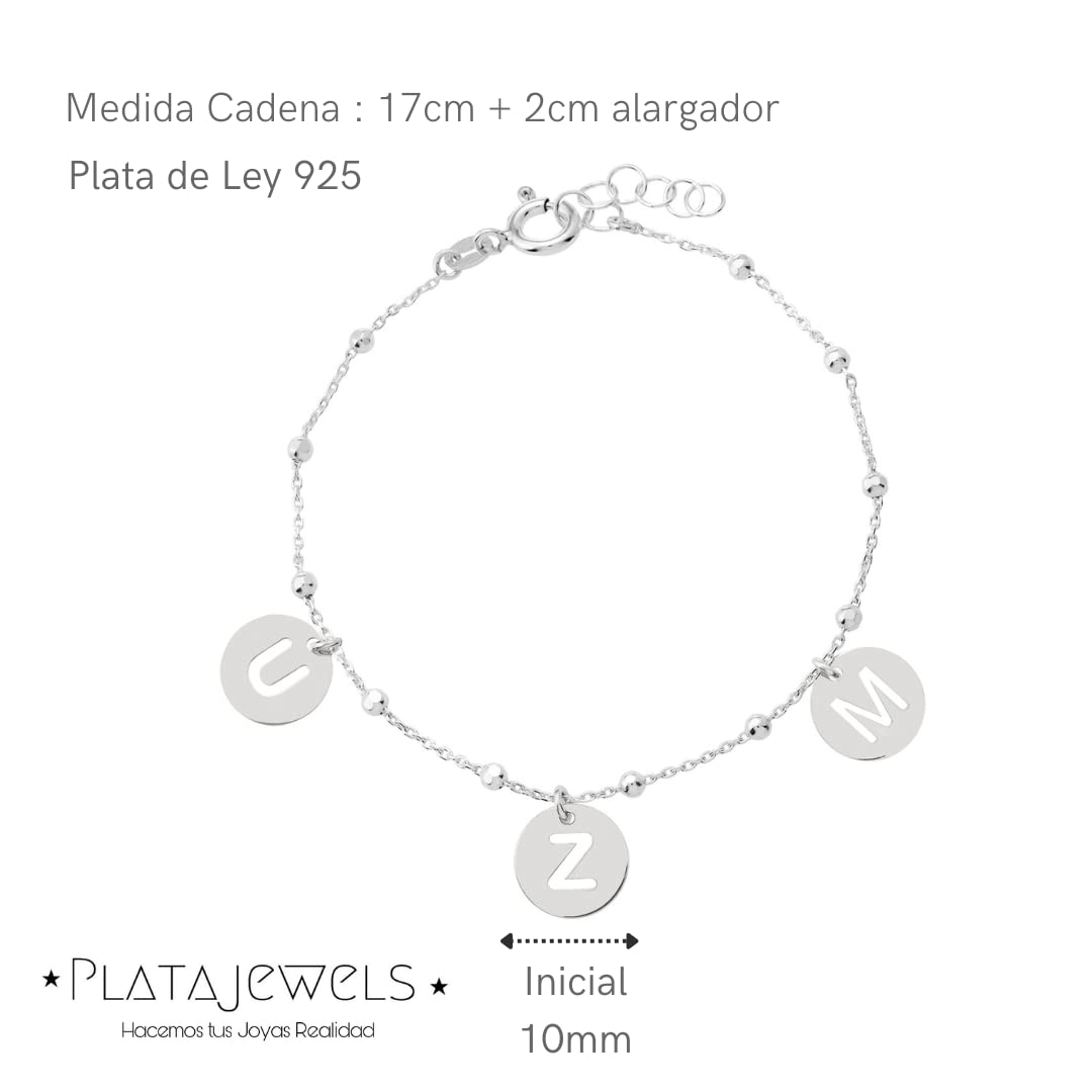 Pulsera con Inicial Mujer Plata de Ley 925, Pulsera de Bolitas Personalizadas con Letras a Elegir A-Z, Regalo para Mama, Hermana, Niña