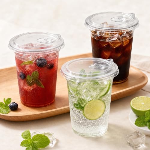 Image of Ginkgo 100 Pack 16 oz Clear Plastic Cups with Strawless Sip Lids