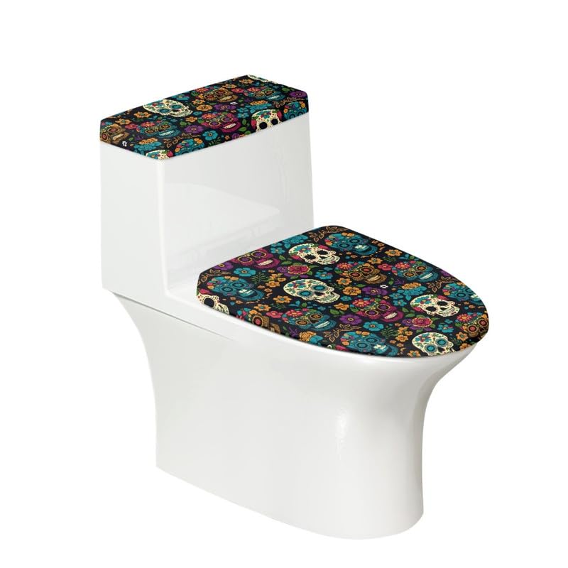 Daulesho Mexican Sugar Skull Toilet Lid and Tank Cover Cartoon Skeleton Flower with Elastic Bottom Toilet Covers Set Day of The Dead Home Machine Washable Bathroom Accessories