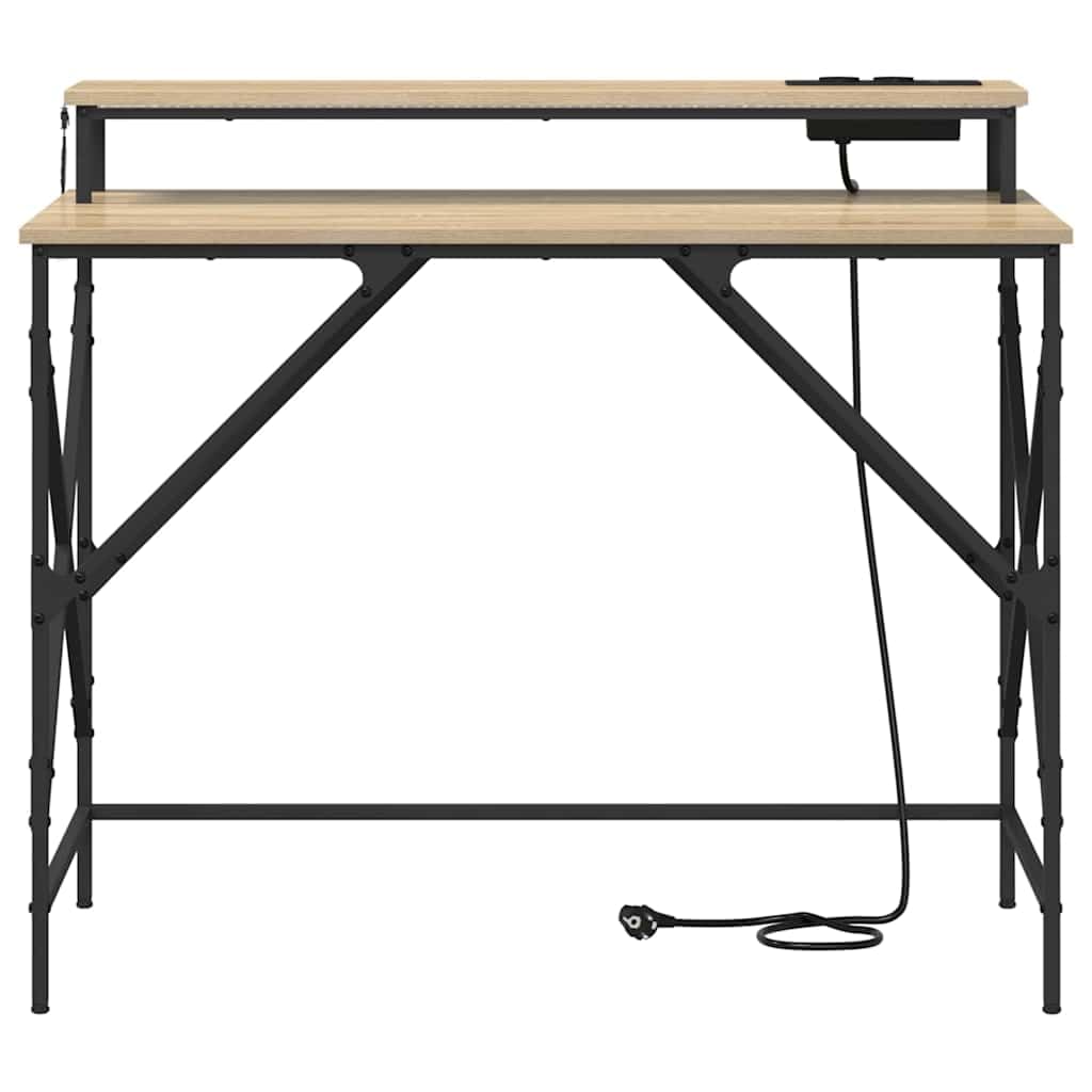 Scrivania 100 x 50 cm rovere Sonoma con LED RGB tavolo da gioco in legno e telaio in acciaio, piccolo computer desk moderno da ufficio con stazione di ricarica per casa, ufficio, camera dei