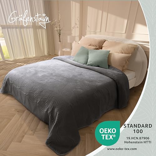Gräfenstayn Premium Tagesdecke 240x260 cm – Bettüberwurf mit Nahtloser Steppung & Blatt-Design – Samt-Decke – weich… – Ansicht 2