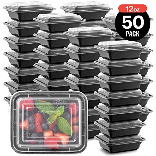 50-Pack Tiny Meal Prep Plastic Microwavable Food Containers Meal Prepping & Lids. "12 Oz." Black Rectangular Reusable Storage Lunch Boxes -Bpa-Free Food Grade- Freezer Dishwasher Safe -Premium Quality #TOP6