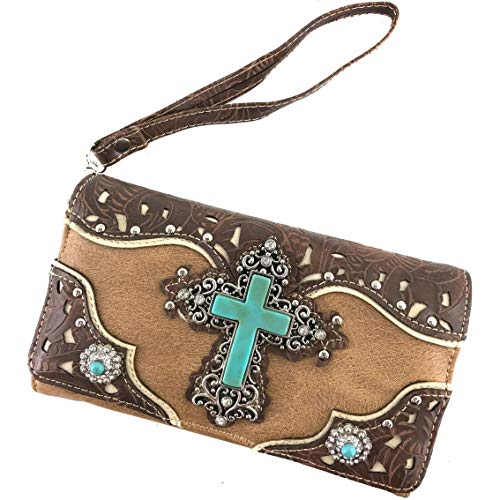 Zelris Turquoise Rhinestone Cross Western Women Crossbody Wrist Trifold Wallet2