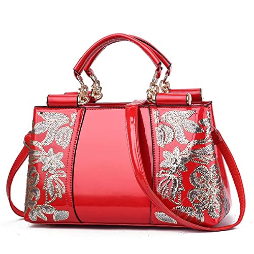 XingChen Shiny Patent Women PU Leather Handbags Embroidery Shoulder Bags Fashion Satchel Purses Top Handle Bags(Red)