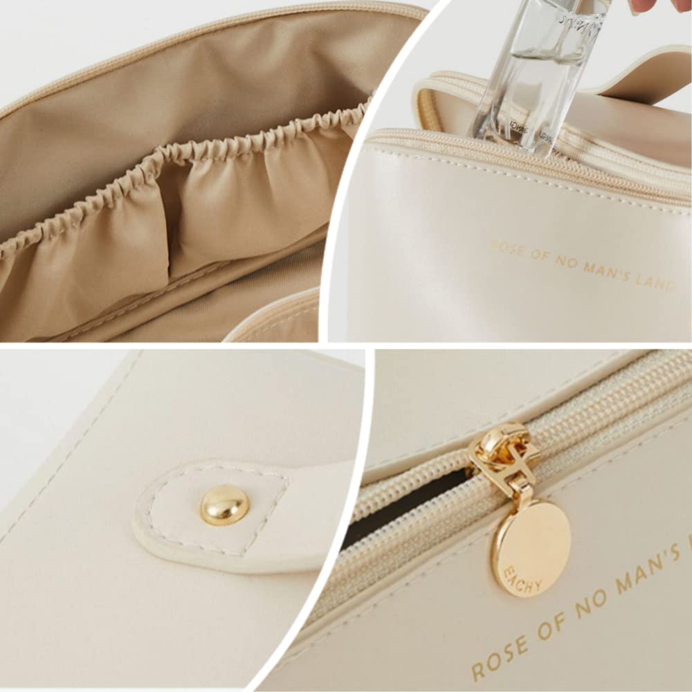 Large Travel Cosmetic Bag Cosmetic Organizer High Capacity Makeup Bag Storage Pouch PU Leather Makeup Box for Women Girls (Beige) - Image 3