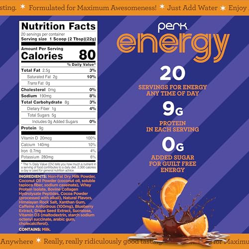 Image of Perk Energy Drink Mix (Chocolate Orange) 20 Servings - Caffeinated Healthy Coffee Alternative with Protein, 100mg of Caffeine, Gluten-Free, Soy-Free, Peanut-Free
