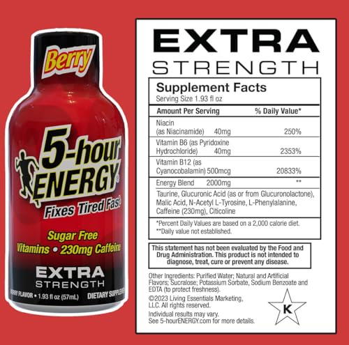 5-hour ENERGY Shots Extra Strength, Berry Flavor, 30 Count, 1.93 Fl Oz, Sugar Free, Zero Calories, Amino Acids and Essential B Vitamins, Dietary Supplement, Feel Alert and Energized, 230 mg Caffeine