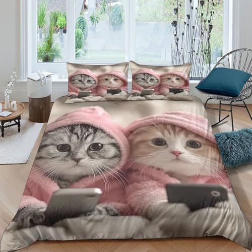Parure de lit chat 3D microfbre 260x220 cm avec housse de couette et taies pour lit Super King - 2