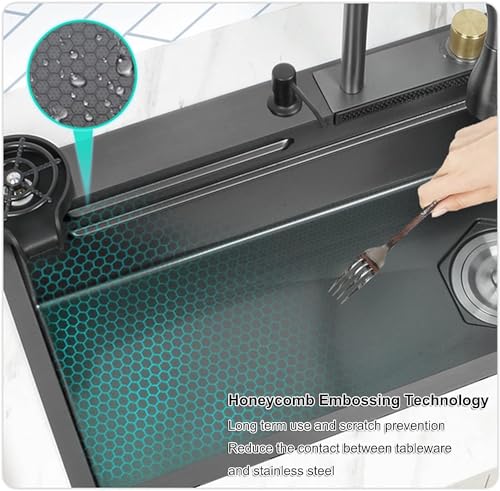 Image of CROCODILE Nano Black Single Bowl Smart Kitchen Sink, 304-Grade Stainless Steel, 30x18x9 inches, Matte Black Finish, with Integrated Waterfall, Cup Washer, Drain Basket, RO Tap and Pull Out Faucet