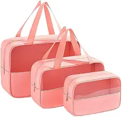 Kit Necessaire Transparente 3 em 1 Bolsa de Viagem para Maquiagem e Higiene Pessoal Unissex – Grande Capacidade, Organizador em PVC Impermeável, Ideal para Academia, Mala, Mala de Mão (Rosa)