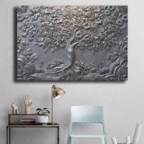 Impression sur toile arbre de vie argenté grand format 60x90