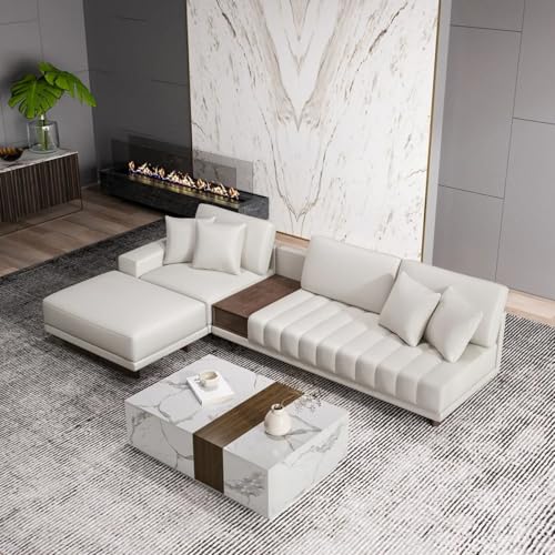 homary Modular Leather Sectional Sofa with Ottoman & White Marble