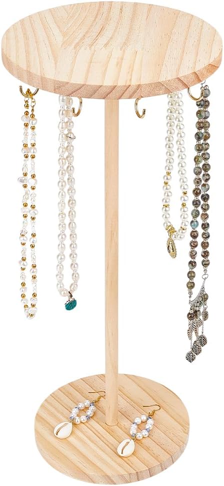 Jewelry Holder Stand 9.84" Tall Necklace Organizer Rack Wooden Jewelry Storage Organizer Rack with 12Pcs Light Gold Iron Hooks for Necklaces Bracelets Rings Earrings