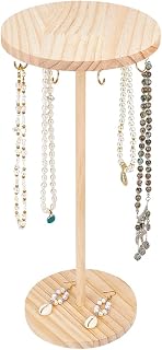 18 Hooks Wood Necklace Display Stand 15.55x7.01 inch Tall Round Rotating Jewelry Organizer Wooden Display Tower Storage Accessories for Bracelet Necklace Earring Jewelry Displays