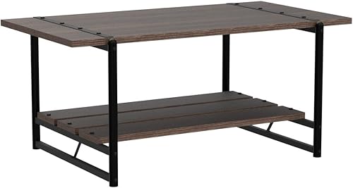 Miniatura 5 de Mesa auxiliar grande de madera gris de 41 pulgadas con estante de almacenamiento, moderna mesa rectangular de metal rústico para sala de estar, mesa