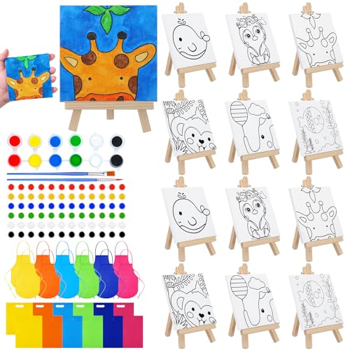 Tenceur 48 Pcs Kids Paint Party Favors Sets with 12 Pcs Animals Pre Drawn Canvas Panel and Wooden Easel Set Paint Pots and Brushes 12 Mini Apron and Tote Bag for Kids Girls Student Boys