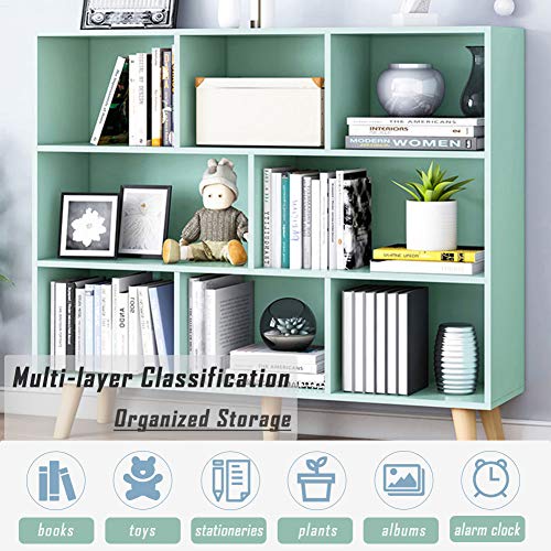 Image of IOTXY Wooden Open Shelf Bookcase - 3-Tier Bookshelf with Leg, Tiffany-Green