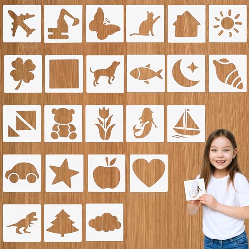 Quilax 24 Stück Schablonen Kinder Cartoon Malschablonen Set 12.8x12.8cm Wiederverwendbar Schablonen Neugeborene Kinder Einfache Zeichnung Tiere/Auto/Pflanzen/Wetter Scrapbook Fotoalbum Geschenkkarten