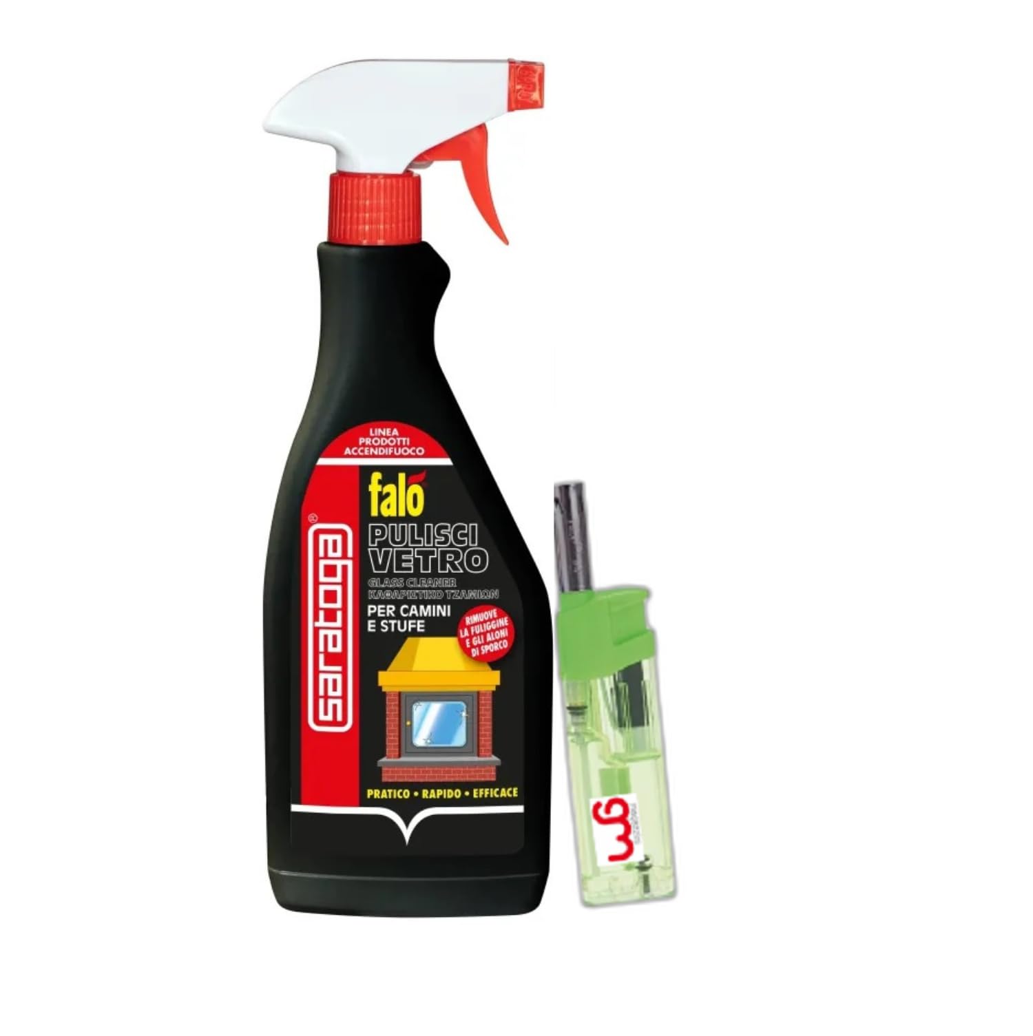 Saratoga Falò Pulisci Vetro, Detergente Potente Anti-Fuliggine per Camini e Stufe, Rimuove Patina di Fumo e Incrostazioni, Vetro Brillante in Pochi Secondi con Accendino GM, 500ml (3, PZ)
