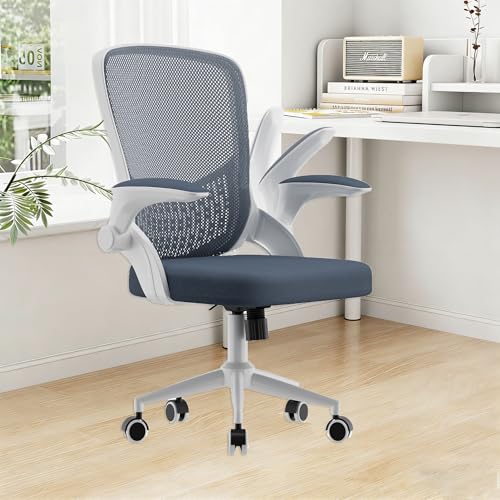 naspaluro Silla de Oficina, Silla de Oficina Ergonómica con Brazos Abatibles 90°, Soporte Lumbar de Diseño Exclusivo, Tapicería de Malla Transpirable, Silla de Escritorio Giratoria 360°, Gris Azulado