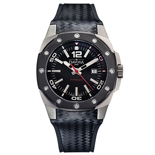 DAVOSA Schweizer Automatik-Titan-Armbanduhr – wasserdichte analoge Sport-Armbanduhr für Herren mit luxuriösem Gummi und Lederband, Schwarz, Pistolenplattiert, 2 Töne, Sport/Arbeit