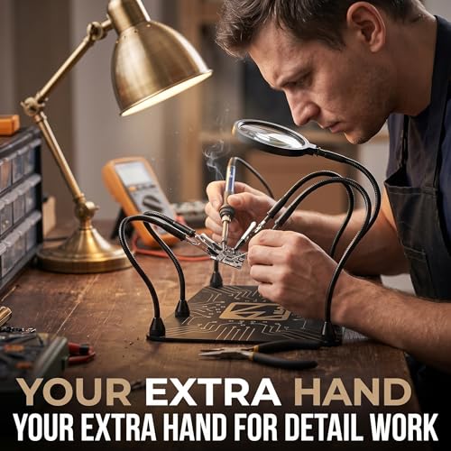 M-T Helping Hands Soldering Station, Magnetic Third Hand Tool PCB Holder with 5X Magnifying Glass 13x9 IN Non-Slip Steel Weighted Base 4 Arms for Electronic Repair Soldering Jewelry Crafts and Welding - Image 6