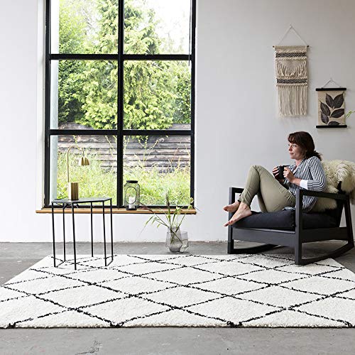 FRAAI | Home & Living Teppich Hochflor - Grand Lines Creme Schwarz - 80x150cm - Kariert, Gestreift,...