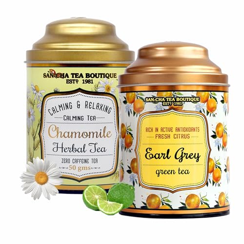 Image of Sancha Tea Boutique, Tea Combo Pack: Chamomile Herbal (50g), Caffeine Free Herbal Tisane & Earl Grey Teas (100g), Real Bergamot with Citrus Notes
