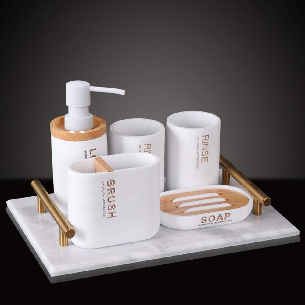 Nórdico Estilo Juego de Accesorios de Baño de Resina Conjunto de Baño con Porta Cepillo de Dientes, 2 Tazas, Dispensador de Jabón Líquido, Jabonera, Blanca,with Handle Tray