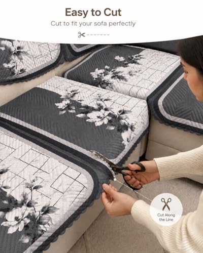 Image of Printed 7 Seater L-Shape Sofa Cover with Arm Covers, Quilted Texture, Sectional Couch Protector for Living Room-Pack of 15 (Grey Bloom)
